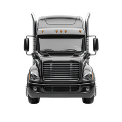 a black semi-truck with a sleek design. showcasing its front view the truck features prominent headlights. a distinctive grille. and a streamlined shape. emphasizing its purpose for transportation and