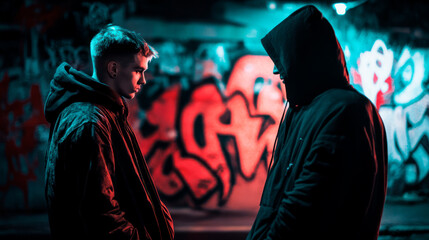 Fototapeta premium Two young men, drug dealer and his client, talking in alley