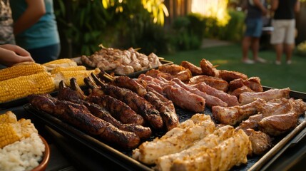 Family Cookout Feast with Soft Lighting in Backyard
