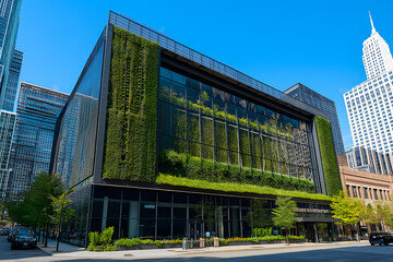 Fototapeta premium Modern Urban Building with a Vertical Garden Wall and Large Glass Windows