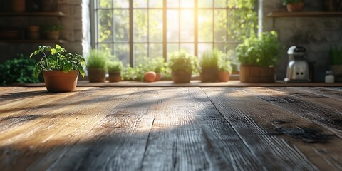 Wooden table in modern kitchen interior with daylight. Mockup