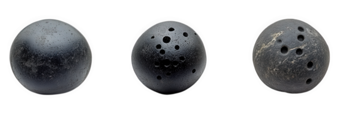three spherical objects that appear to be bowling balls. each with varying numbers of holes they are made of a dark material and show signs of wear. suggesting they are used for recreational purposes