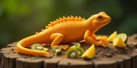 Fototapeta premium Colorful lizard surrounded by fresh fruits on a wooden surface in a natural setting