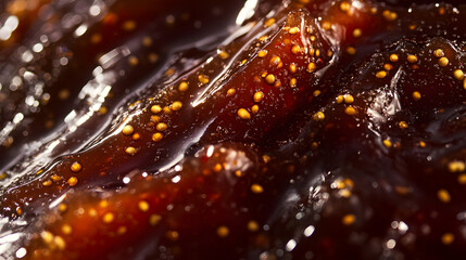 Strawberry Jam Close-up: A vibrant red strawberry jam with visible fruit pieces and a glossy surface