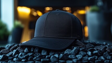 Black baseball cap, snapback on a black background. Mock up design.