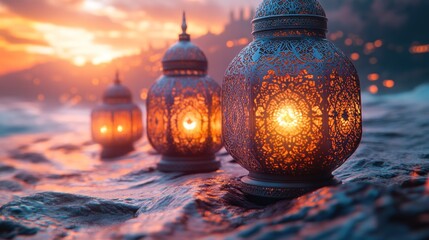 Glowing lanterns at sunset by the sea.
