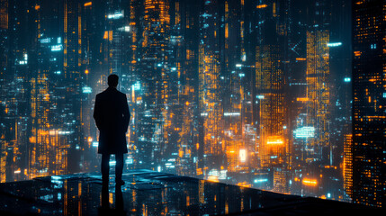 Man overlooking an abstract digital cityscape