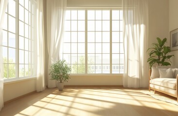 A large open room with a white couch and a potted plant. The room has a large window with white curtains
