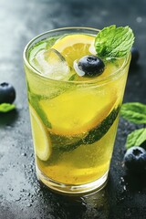 Refreshing Lemonade with Orange, Blueberries, and Mint in a Glass with Ice, Summer Beverage