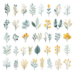 Watercolor vector set of pastel leaves and flowers