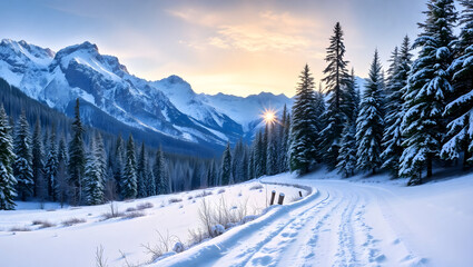 Fototapeta premium winter landscape with snow covered trees and mountains with sunrise