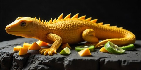 Fototapeta premium Colorful rubber lizard surrounded by fresh fruits and vibrant vegetables on a dark surface