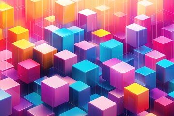 Fototapeta premium Colorful 3D cubes arranged in a dynamic pattern, representing abstract design, modern art, and geometric shapes.