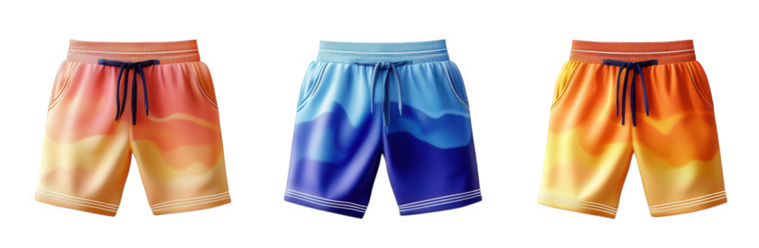 three pairs of colorful swim shorts. each featuring a unique gradient design that transitions between vibrant hues the shorts are styled with an elastic waistband and drawstring. making them suitable