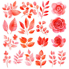 Watercolor vector set of pastel leaves and flowers