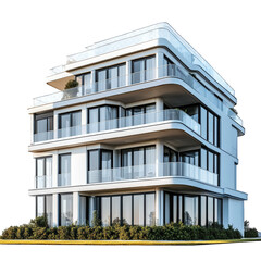 a modern multi-story building featuring sleek lines. large glass windows. and balconies. surrounded by greenery this architectural design emphasizes contemporary aesthetics and functionality. likely s
