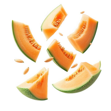 several slices of a cantaloupe melon. artistically arranged in mid-air against a clean white background the vibrant orange flesh and green rind are clearly visible. along with a few melon seeds scatte