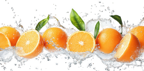 vibrant arrangement of whole oranges and halved oranges splashing in water. with green leaves accentuating the freshness the dynamic water droplets convey a sense of vitality and freshness. making it