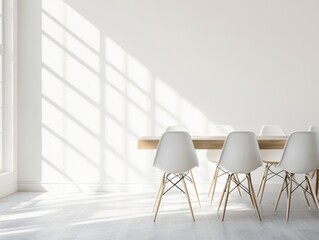 A white dining table with six white chairs around it. The chairs are arranged in a semi circle around the table