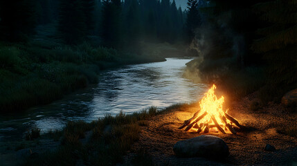 A glowing campfire beside a winding river in a secluded forest, the soft flicker of the flames creating reflections on the water and the air filled with the scent of pine