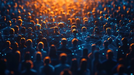  Large crowd of people with glowing connections, representing social network, community, global communication, or big data.