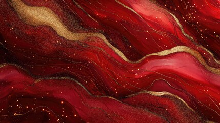 Obraz premium Rippled red textures with embedded golden sparkles and glowing lines for a luxurious abstract design.
