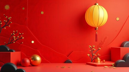 Red Festive Lantern Scene: Minimalist Asian-Inspired Design