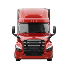 front view of a red semi-truck. showcasing its aerodynamic design. large windshield. and prominent grille the truck is positioned against a plain background. emphasizing its structure and purpose in t