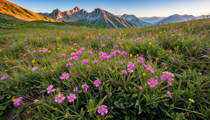 Obraz premium Colorful wildflowers bloom across a lush mountain meadow during sunset, as dramatic peaks rise majestically in the background, creating a tranquil atmosphere