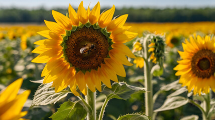Bright yellow sunflower in field
