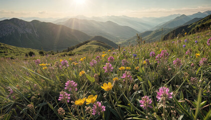 Obraz premium Wildflowers bloom vividly in a lush green meadow, set against majestic mountains illuminated by the warm glow of a setting sun. Nature thrives in this peaceful valley