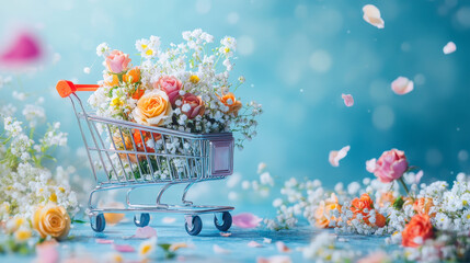 Shopping cart filled with vibrant fresh flowers