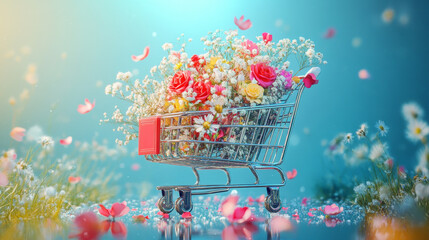 Beautifully arranged flowers in a shopping cart on a sunny day