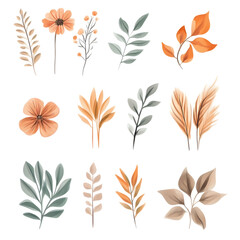 Watercolor vector set of pastel leaves and flowers