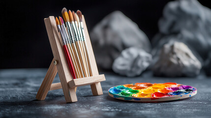 Wooden Easel with Paintbrushes and Artists Palette
