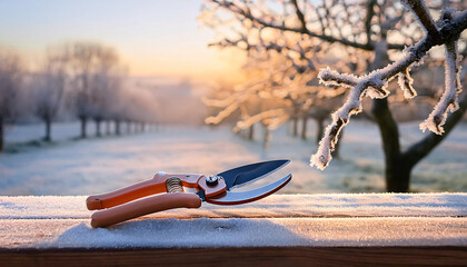 Sharp pruning shears lay on a frosty wooden table, ready for the careful work of tending to fruit trees as spring approaches in the orchard, inviting the start of new growth