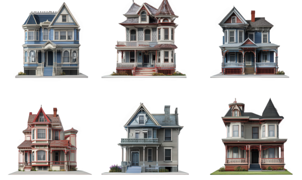 a collection of six distinct victorian-style houses. each featuring unique architectural details. colors. and designs the houses are presented in a clean layout. emphasizing their ornate features and