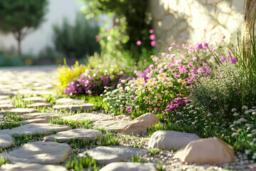 Fototapeta premium Vibrant garden pathway with blooming flowers and stones under soft sunlight in springtime. Generative AI