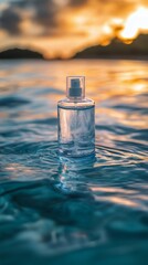 Water bottle floating on calm ocean waters during sunset