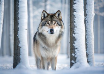 Fototapeta premium Grey Wolf (Canis lupus) Between Trees Looking Up and to the Right in Winter