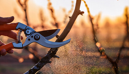 A gardener expertly uses pruning shears to cut a thin branch from a fruit tree, surrounded by wood shavings, signaling the arrival of spring care and maintenance in February or March