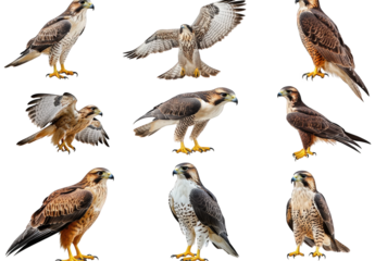 collection of various hawk species. showcasing their distinct plumage and postures against a white background this arrangement highlights the diversity and beauty of these birds of prey. making it sui