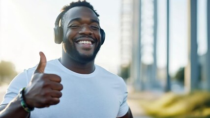 young black man jogging wearing headphones give thumbs up to camera smiling
