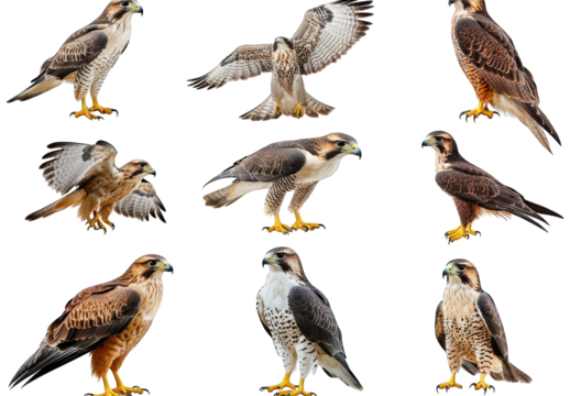 collection of various hawk species. showcasing their distinct plumage and postures against a white background this arrangement highlights the diversity and beauty of these birds of prey. making it sui