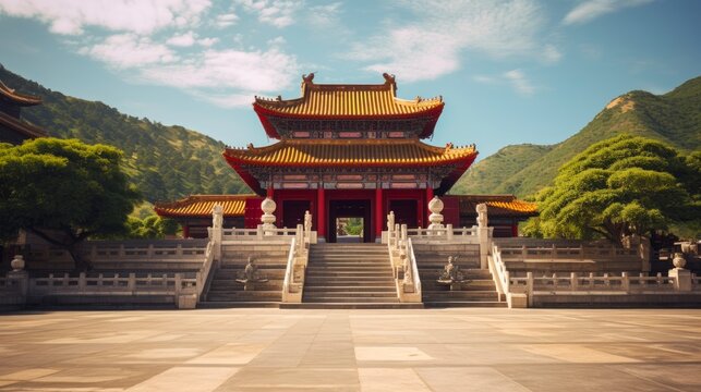 Monastic Marvels: A View of Shaolin Temple Front Entrance at Dengfeng, China - Embark on an Oriental Travel to Marvel Yellow Culture, Worship, and Symbols of Buddhist History