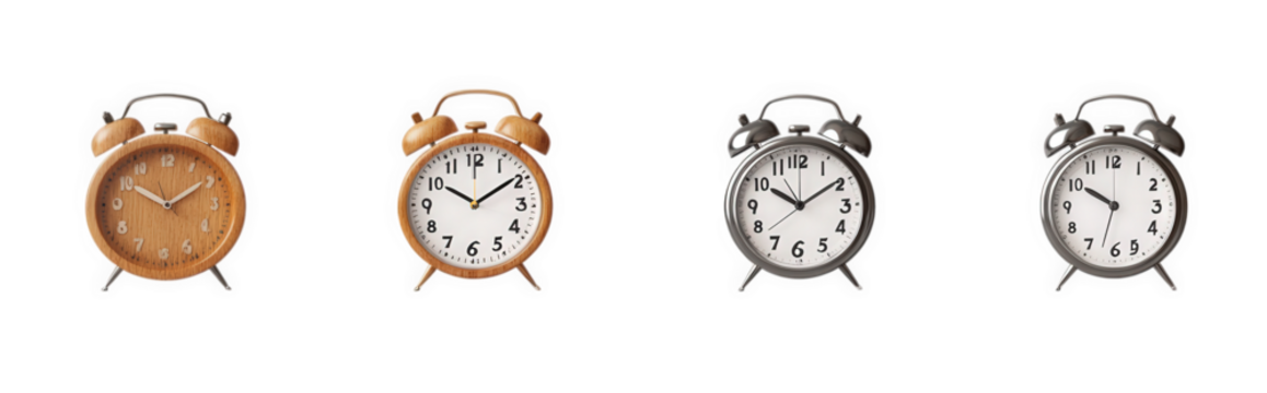 four alarm clocks in a row. each with a different color and style wooden. white. black. and gray they serve the purpose of telling time and represent various design aesthetics in timekeeping devices