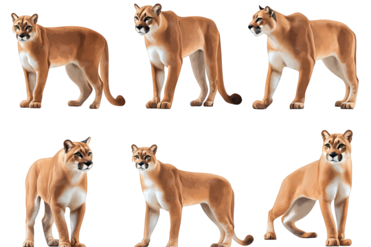 six stylized illustrations of a mountain lion. showcasing various poses and angles each depiction highlights the animal's muscular build and distinctive features. making it suitable for educational or