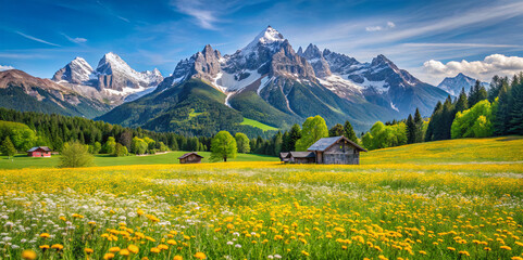 Lush green fields filled with vibrant wildflowers stretch across the foreground. Towering snow-capped mountains rise majestically in the background on a sunny day