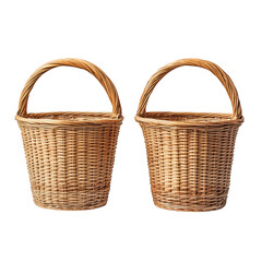 Obraz premium two woven wicker baskets with handles. showcasing a natural. rustic design they are empty and symmetrical. suggesting use for storage or decorative purposes the light background emphasizes their textu