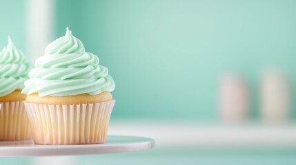 Delicious Vanilla Cupcakes with Creamy Frosting on Pastel Background for Bakery and Dessert Themes in Photography